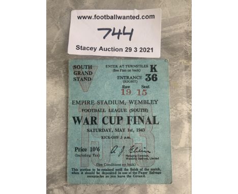 1943 War Cup Final Football Ticket: Arsenal v Charlton played at Wembley in very good condition.