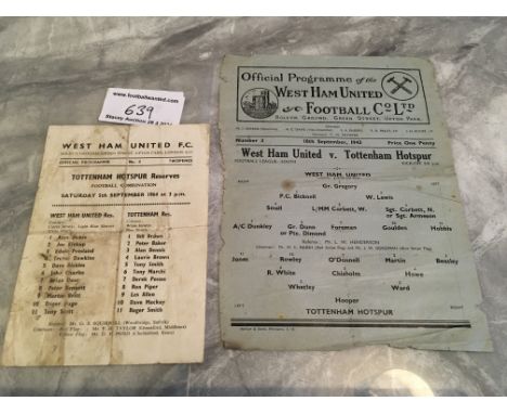 43/44 West Ham v Tottenham Football Programme: League match dated 18 9 1943 with tatty edges folding but no writing. C/W a po
