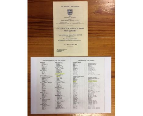 George Best At 1962 Youth FA Coaching Course Football Programme: Held from the 8th to the 13th July 1962 at Lilleshall. Georg