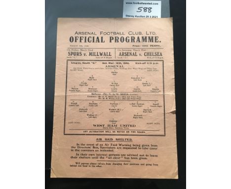 39/40 Arsenal v West Ham At Tottenham Football Programme: Single sheet dated 16 3 1940. No team changes but small tear and a 