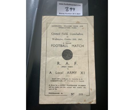 45/46 RAF v Local Army At Llandudno Football Programme: Mainly all professional players coming back after the war. Good condi