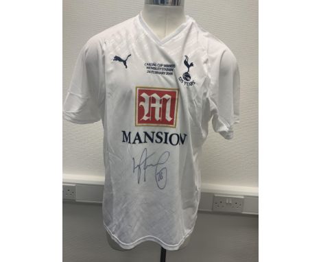 2008 Tottenham Carling Cup Winners Signed Football Shirt: Mansion sponsored shirt with Carling Cup Winners embossing. Signed 