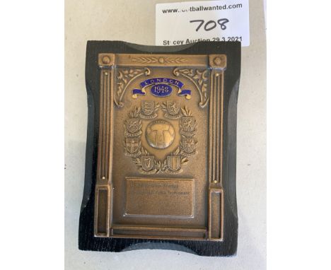 1948 International Football Youth Tournament Plaque: Held in London between 8 teams including Italy Belgium Holland and Engla