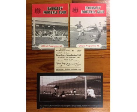63/64 Barnsley v Manchester United Football Programmes: FA Cup 5th Round match with original match ticket and picture of Geor