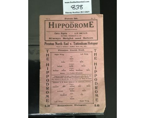 1921 FA Cup Semi Final Football Programme: Preston North End v Tottenham played at Sheffield Wednesday. Very good condition w