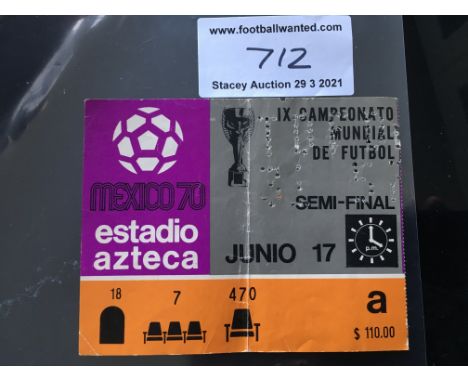 1970 World Cup Semi Final Football Ticket Brazil v Uruguay: Genuine ticket with creasing for the match dated 17 6 70.