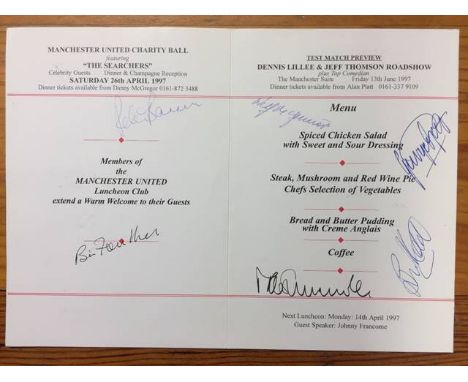 Signed Manchester United Luncheon Club Menu: With guest speaker George Best. Signed by George Best, Wilf McGuinness, Brian Ki