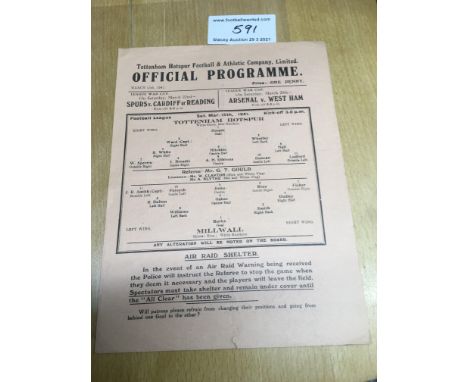 40/41 Tottenham v Millwall Football Programme: Single sheet dated 15 3 1941. No team changes and in very good condition.