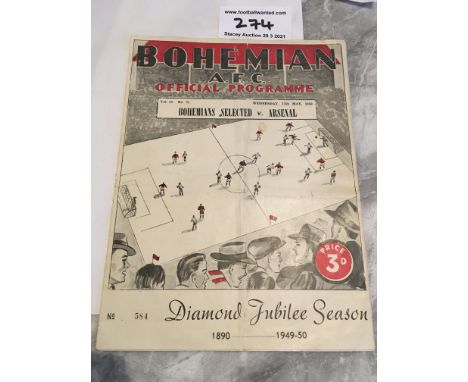 49/50 Bohemians v Arsenal Football Programme: Arsenal who had just won the FA Cup played a Bohemians Select. Small split on s