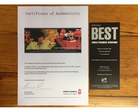 George Best The Movie World Premier Ticket: Dated 11 10 1999 held at Planet Hollywood. Ticket for the Premier with COA from a