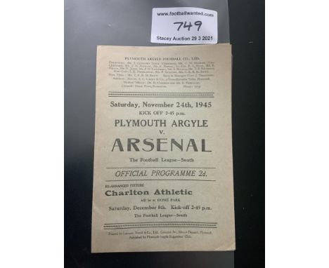 45/46 Plymouth Argyle v Arsenal Football Programme: League match dated 24 11 1945. Excellent condition gatefold programme wit