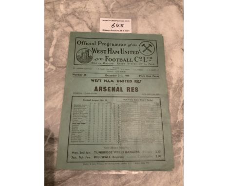 38/39 West Ham Reserves v Arsenal Res Football Programme: London Combination match in good condition with no team changes. Li