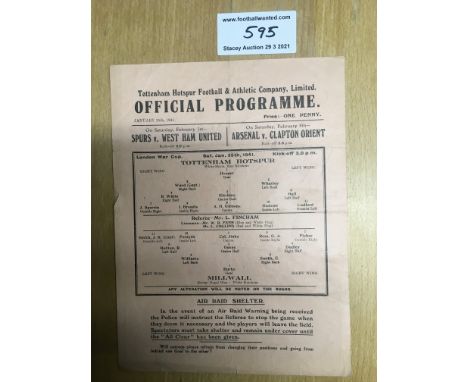 40/41 Tottenham v Millwall War Cup Football Programme: Single sheet dated 25 1 1941. Very good with no team changes.
