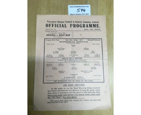 40/41 Tottenham v Cardiff City Football Programme: Single sheet dated 22 3 1941 from the League War Cup. Very good with no te