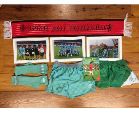 1988 George Best Testimonial Kit + Scarf: 3 original photos, pair of match worn shorts and socks for Bests team and shorts fo