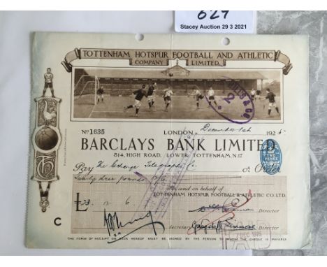 Tottenham 1925 Football Cheque: Decorative cheque with match action at White Hart Lane. Signed by Directors including Wagstaf