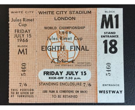 1966 Football World Cup Unused Ticket Uruguay v France: Played at White City on 15 July in very good condition with stub stil
