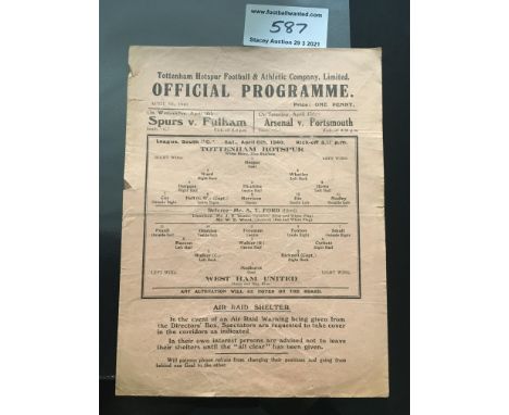 39/40 Tottenham v West Ham Football Programme: Single sheet dated 6 4 1940. No team changes but couple of tiny tears to edge 