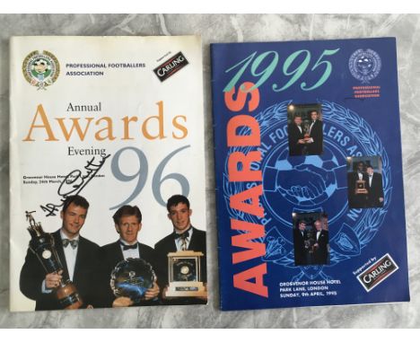 PFA Signed Awards Dinner Menus: 1995 signed by Gordon Taylor and all the guests pictured on inside page which are Ray Wilkins