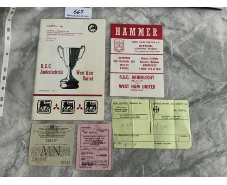 1976 ECWC Final Programme Ticket + More: Anderlecht v West Ham official programme, West Ham edition, unused match ticket, tra