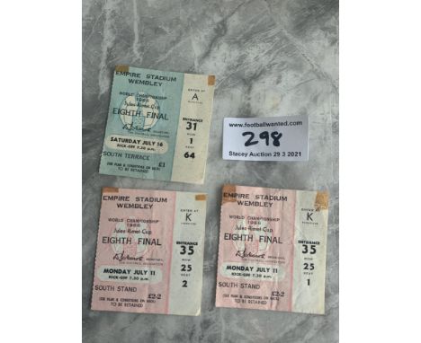 1966 England World Cup Football Tickets: Two pink tickets for opening match versus Uruguay and blue ticket v Mexico. All thre