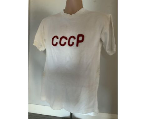 1972 Russia CCCP Away Match Worn Football Shirt: White short sleeve with red trim including a prominent number 5 to rear and 