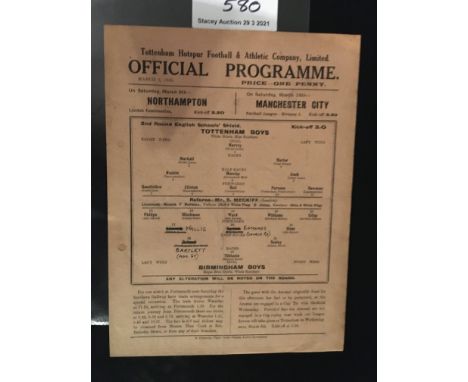 34/35 Tottenham Boys v Birmingham Boys Football Programmes: Dated 2 3 1935. Single sheet has professional punch hole repairs 