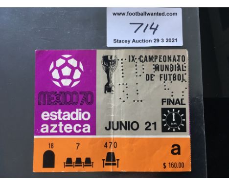 1970 World Cup Final Football Ticket Brazil v Italy: Genuine ticket with fold for the match dated 21 6 70.