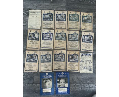 Chelsea Home Football Programmes: 45/46 Army v RAF, 46/47 Stoke, 47/48 x 13, 49/50 x 2. 17 are mainly good. C/W 12 programmes