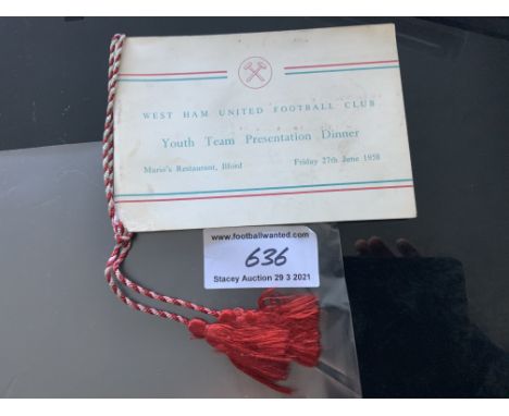 West Ham 1958 Youth Team Football Menu: Nice menu with claret and blue tassels to celebrate winning the SJFC and Andrews Cup.