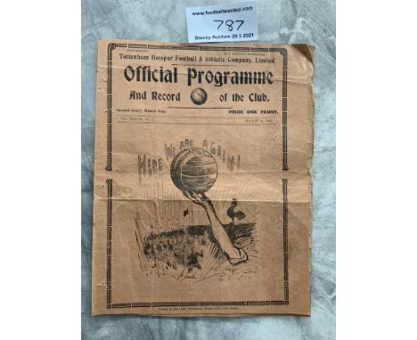 1935 Tottenham Practice Match Football Programme: Dated 24 8 1935 for the Whites v Stripes match. Poor condition due to trimm