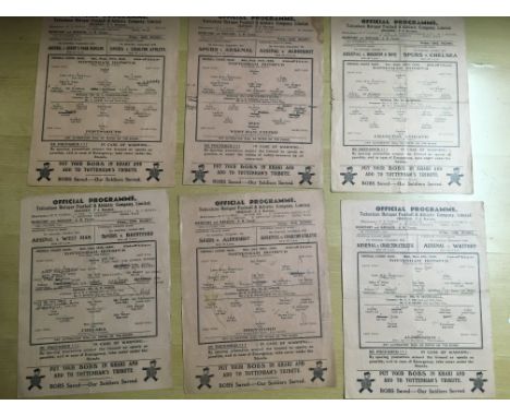 44/45 Tottenham Home Football Programmes: Single sheets versus Aldershot + West Ham League + Cup Brentford Chelsea Charlton P