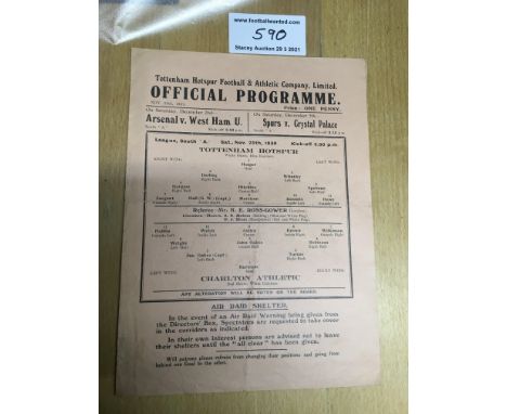39/40 Tottenham v Charlton Football Programme: Single sheet dated 25 11 1939. No team changes and in very good condition.