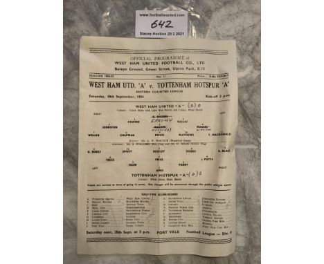 54/55 West Ham A v Tottenham ECL Football Programme: Eastern Counties Eagle dated 18 9 1954. Single sheet has team changes an