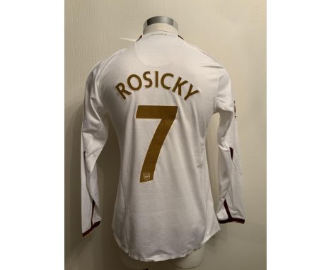 Rosicky 2007/2008 Match Issued Arsenal Away Football Shirt: White long sleeve shirt issued for a Champions League match. Numb