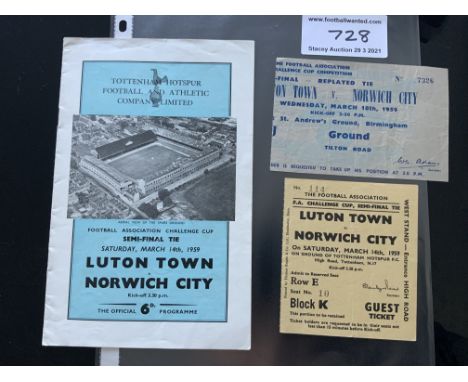 1959 FA Cup Semi Final Norwich City v Luton Town Programme + Tickets: Programme + ticket for match at Tottenham plus replay t