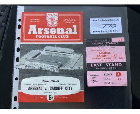 61/62 Arsenal v Cardiff City Football Ticket: League match ticket in good condition with light fold. C/W Programme. (2)