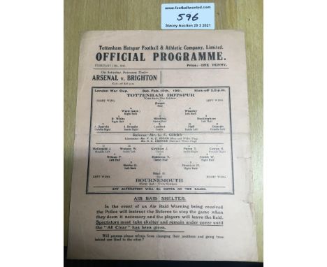 40/41 Tottenham v Bournemouth  War Cup Football Programme: Single sheet dated 15 2 1941. Very good with no team changes. Coup