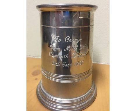 1996 Silver Tankard Presented To George Best: Inscribed To George From M U S C Plymouth Branch 12th Sept 1996.