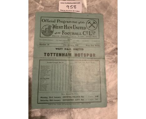 38/39 West Ham v Tottenham FA Cup Football Programme: FA Cup match in good condition with no team changes. Folded both ways.