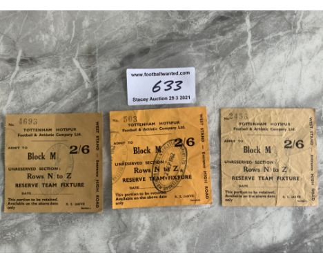 Tottenham 1962 Reserves Football Tickets: Stamped with dates 22 9 62, 25 8 62 and 13 1 62. Good with creasing. Pencilled date