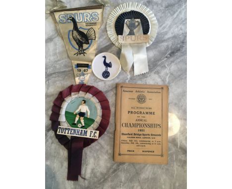 Tottenham Football + Pre War Athletics Programmes: Two Spurs rosettes and a pennant from the 60s. Quantity of Athletics progr