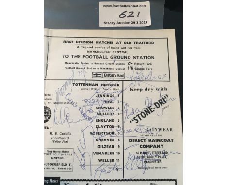 66/67 Manchester United v Tottenham Signed Programme + Ticket: Programme is signed by 12 Spurs players to team page including