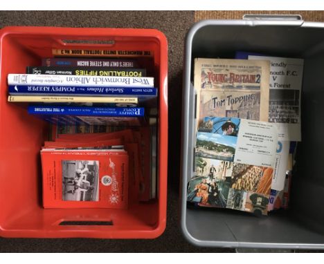 Football Memorabilia Boxes: Cloth garments include 4 scarves, kids Norwich shirt BNWT, Bolton shirt, books to include Breedon