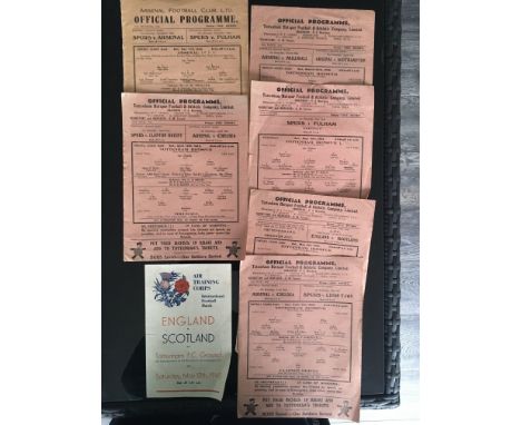 Tottenham War Time Home Football Programmes: Unwritten single sheets from 44/45 plus 43/44 Arsenal v West Ham and 44/45 Engla