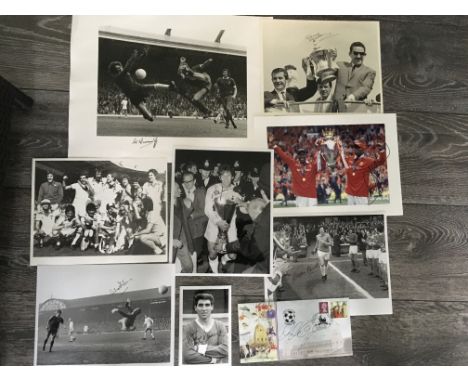 Iconic Signed Football Photos: Dave Mackay Tottenham holding FA Cup, Andy Cole with Premiership Trophy, Gordon Banks in guard