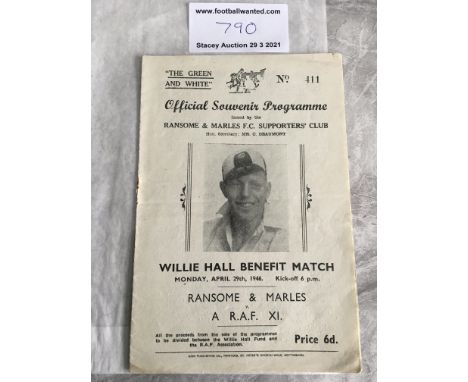 1946 Rare Tottenham Player Benefit Match Football Programme: Ransome + Marles v RAF XI for the Willie Hall Benefit. Not to be