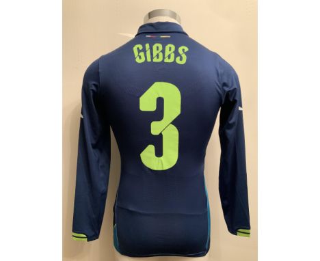 Gibbs 2014/2015 Match Issued Arsenal Away Football Shirt: Light and dark blue with green trim long sleeve shirt issued for th