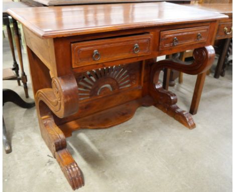 A French style hardwood two drawer console table 
