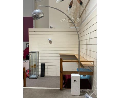 A 1970s' FLOS ARCO Floor Light with white marble base and aluminium arm and shade, height 238cm. Some chips and scratches to 